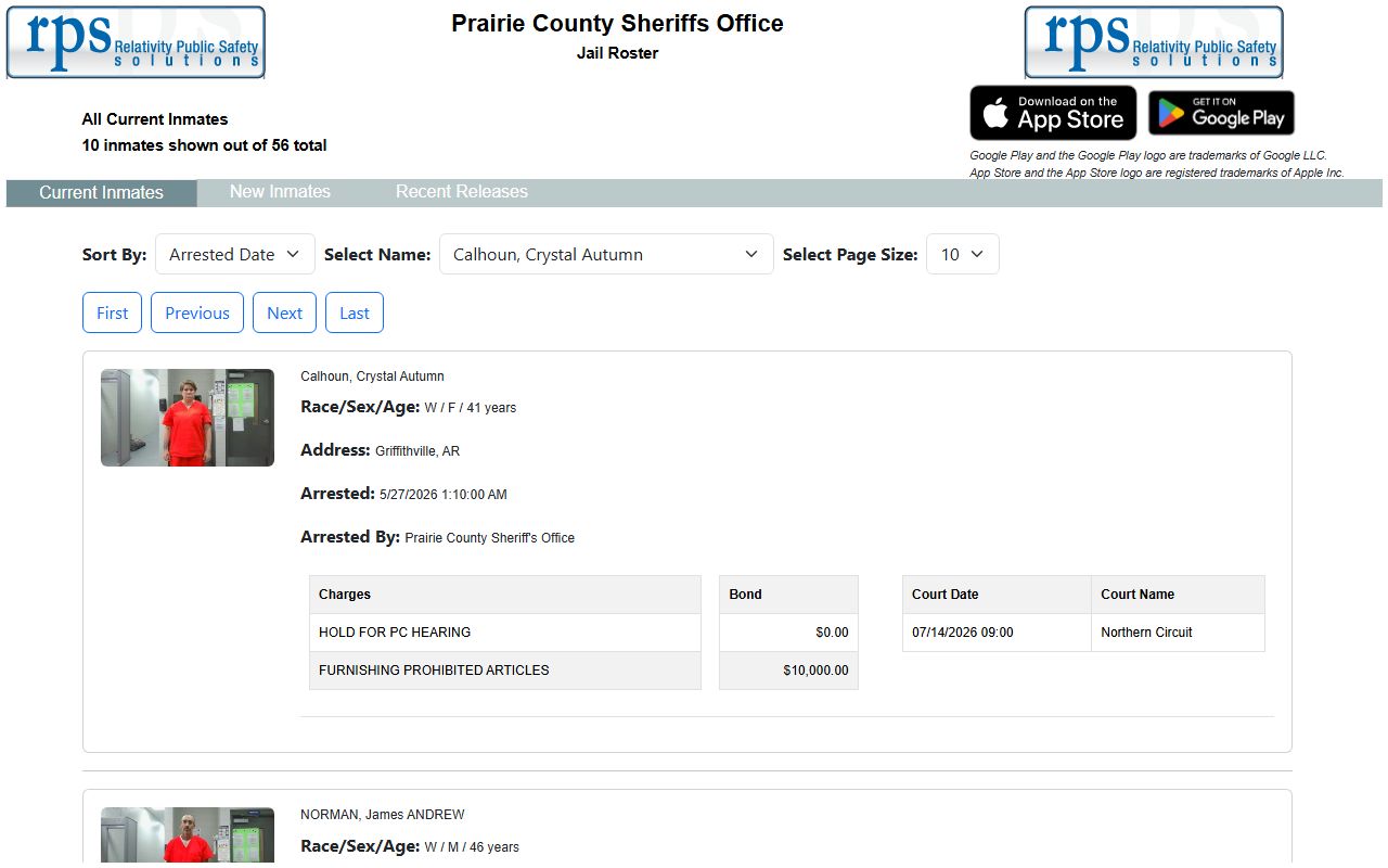 Prairie County inmate population current roster with mugshots and custody details