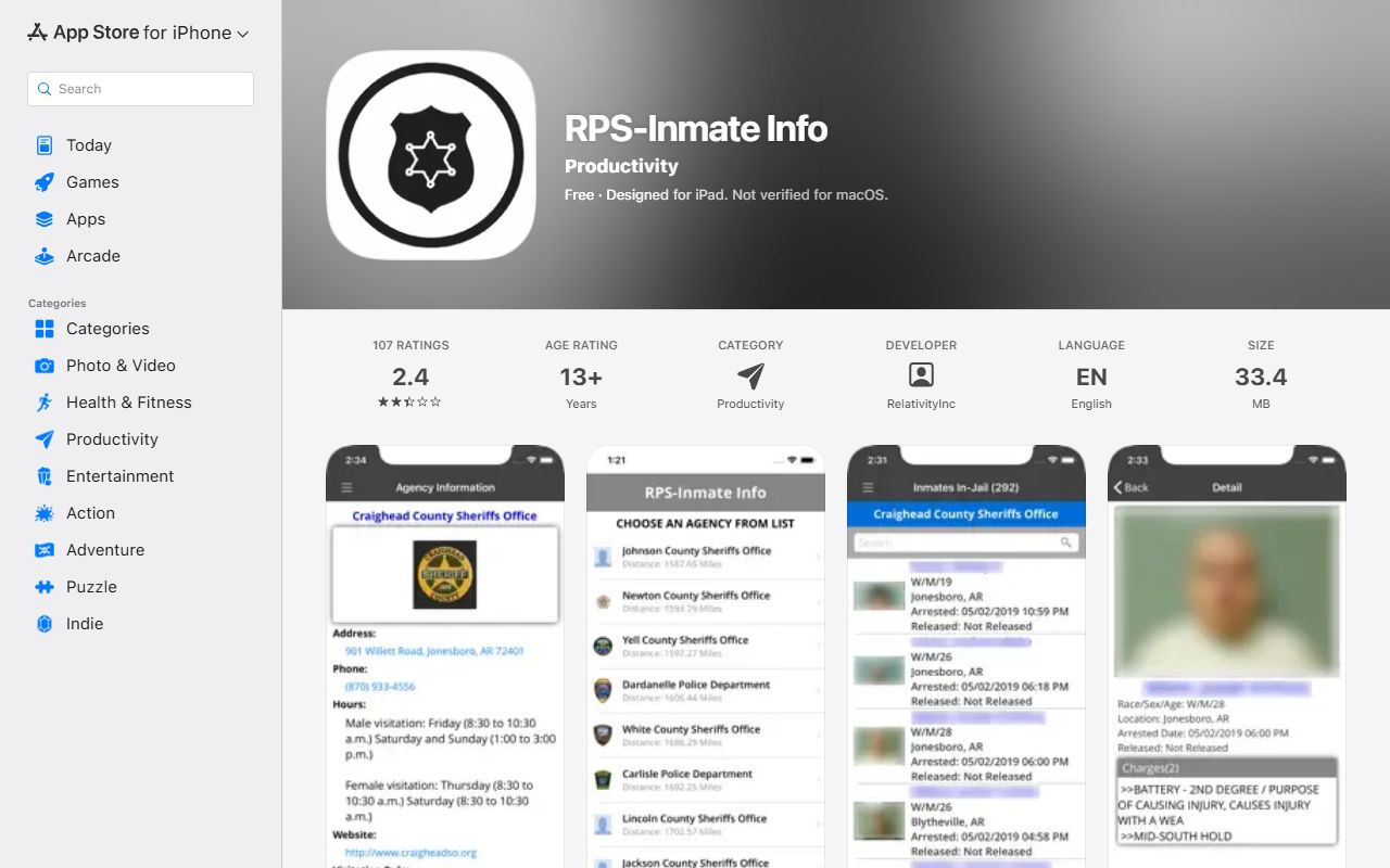 Prairie County Detention Center inmate lookup in RPS-Inmate Info app